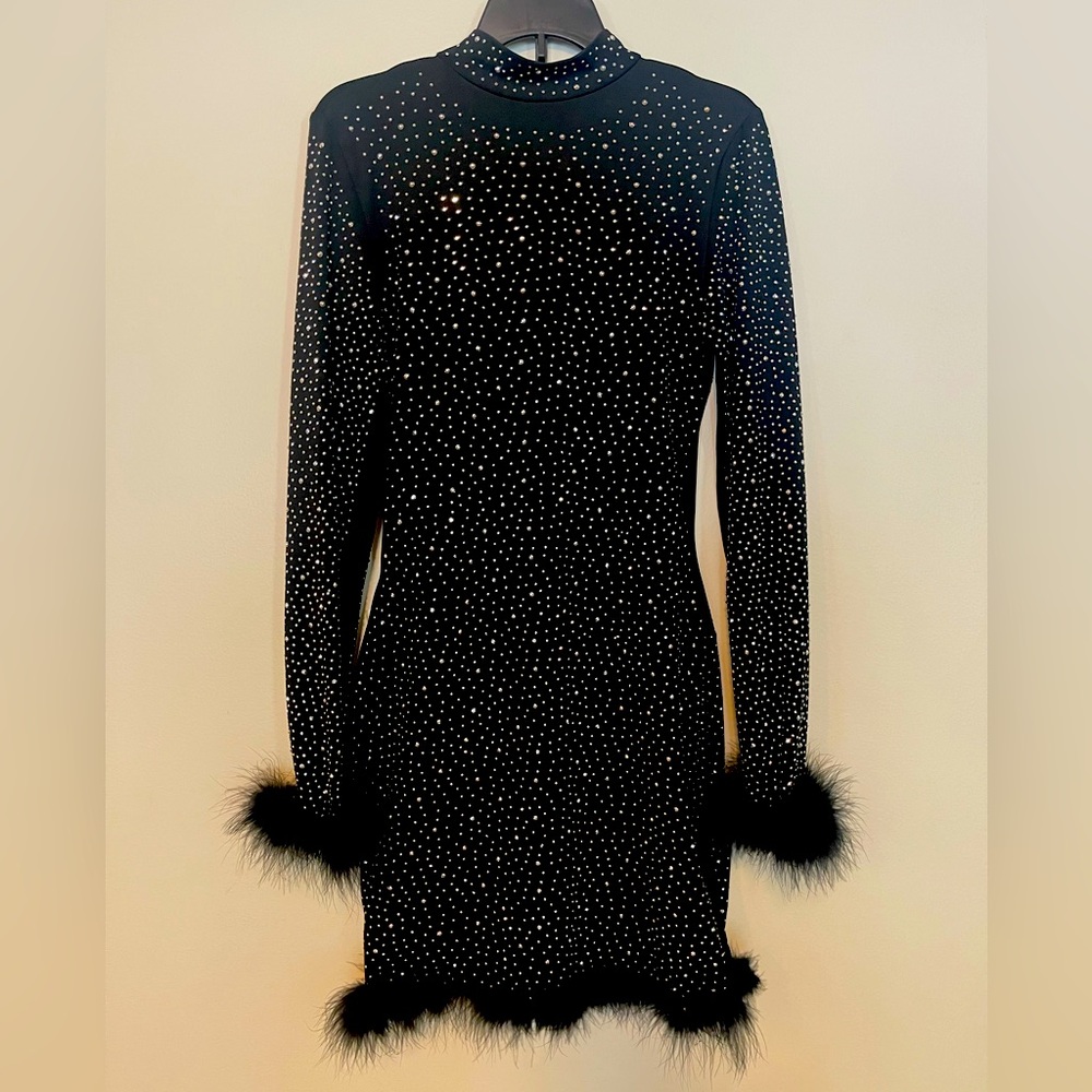 Rhinestone and Feathered Trim Black Cocktail Form Fitting Dress.